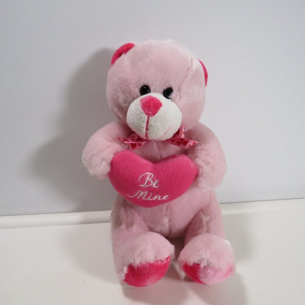 pink and light pink bear with plush embroidered heart be mine pillow